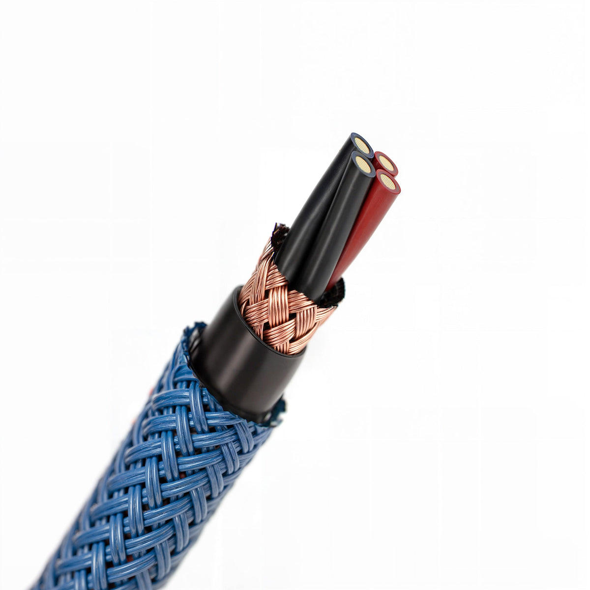 Close-up of blue braided cable with exposed copper core and black heat-shrink sleeve