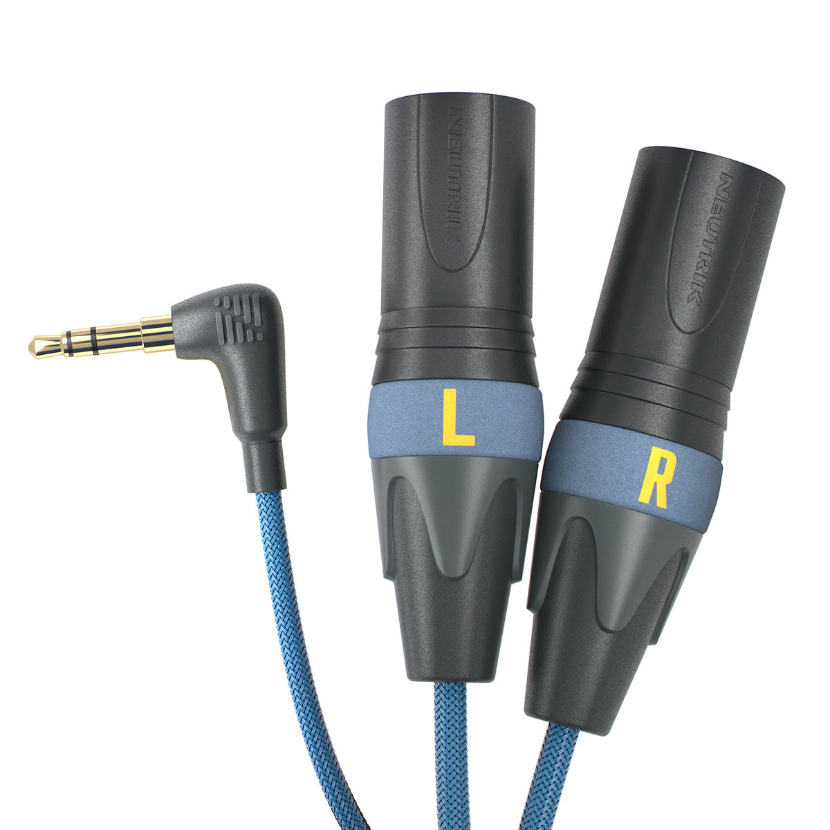 Dual 3.5mm connectors with L and R markings, braided blue cable