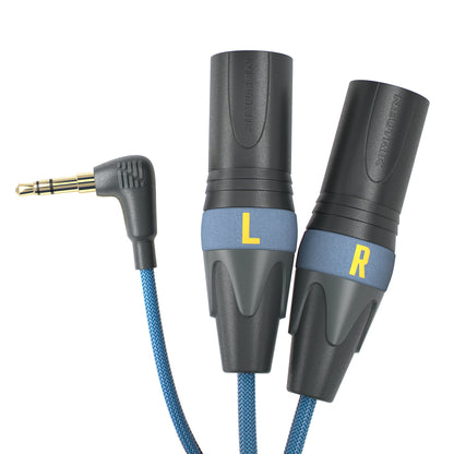Dual 3.5mm connectors with L and R markings, braided blue cable