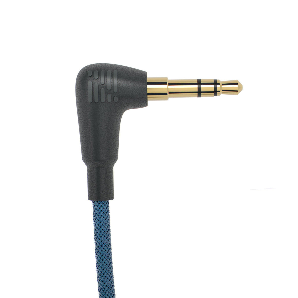 L-shaped 3.5mm audio plug with braided blue cable, black strain relief