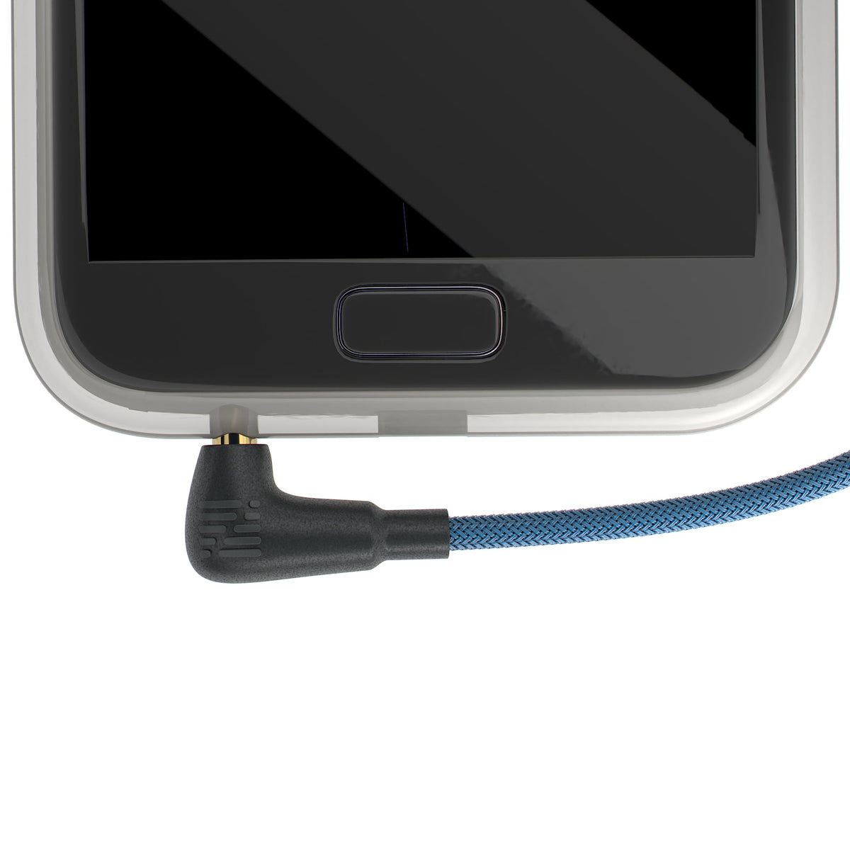3.5mm audio plug with braided blue cable connected to a device port