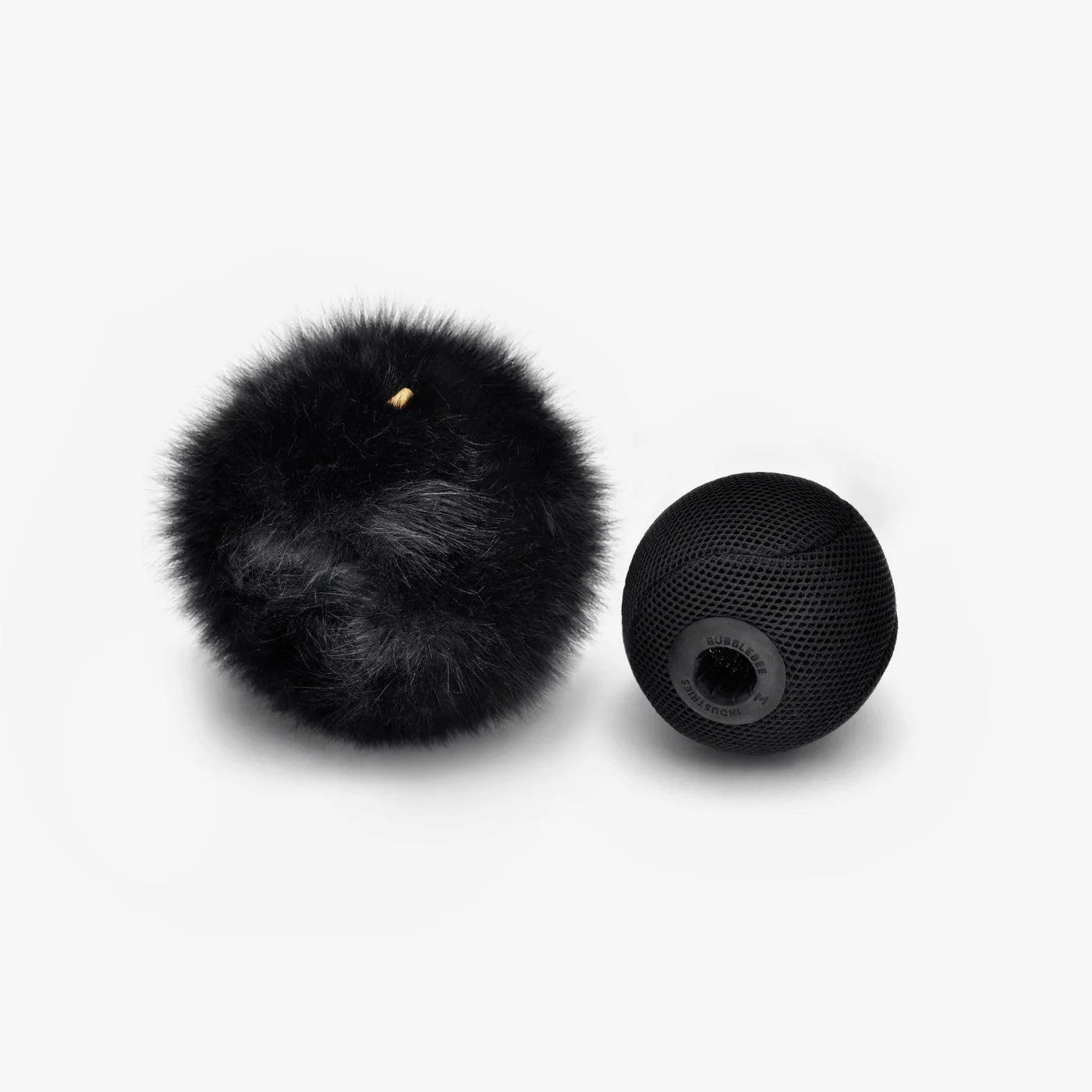 Black fuzzy spacer ball with small yellow dot and black mesh spacer ball