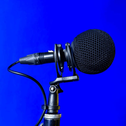 Black mesh microphone spacer ball attached to a studio mic on a stand