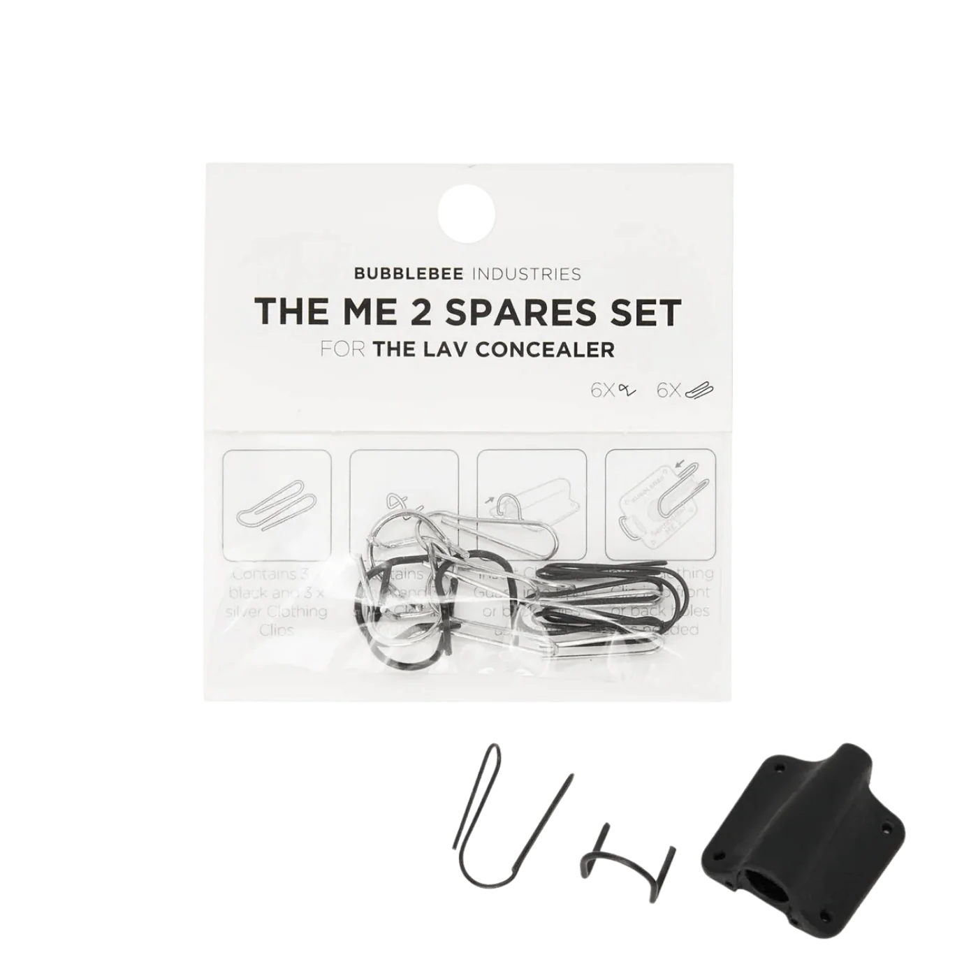 Lav concealer spares set showing metal clips and black mount holder on card