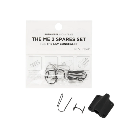 Lav concealer spares set showing metal clips and black mount holder on card
