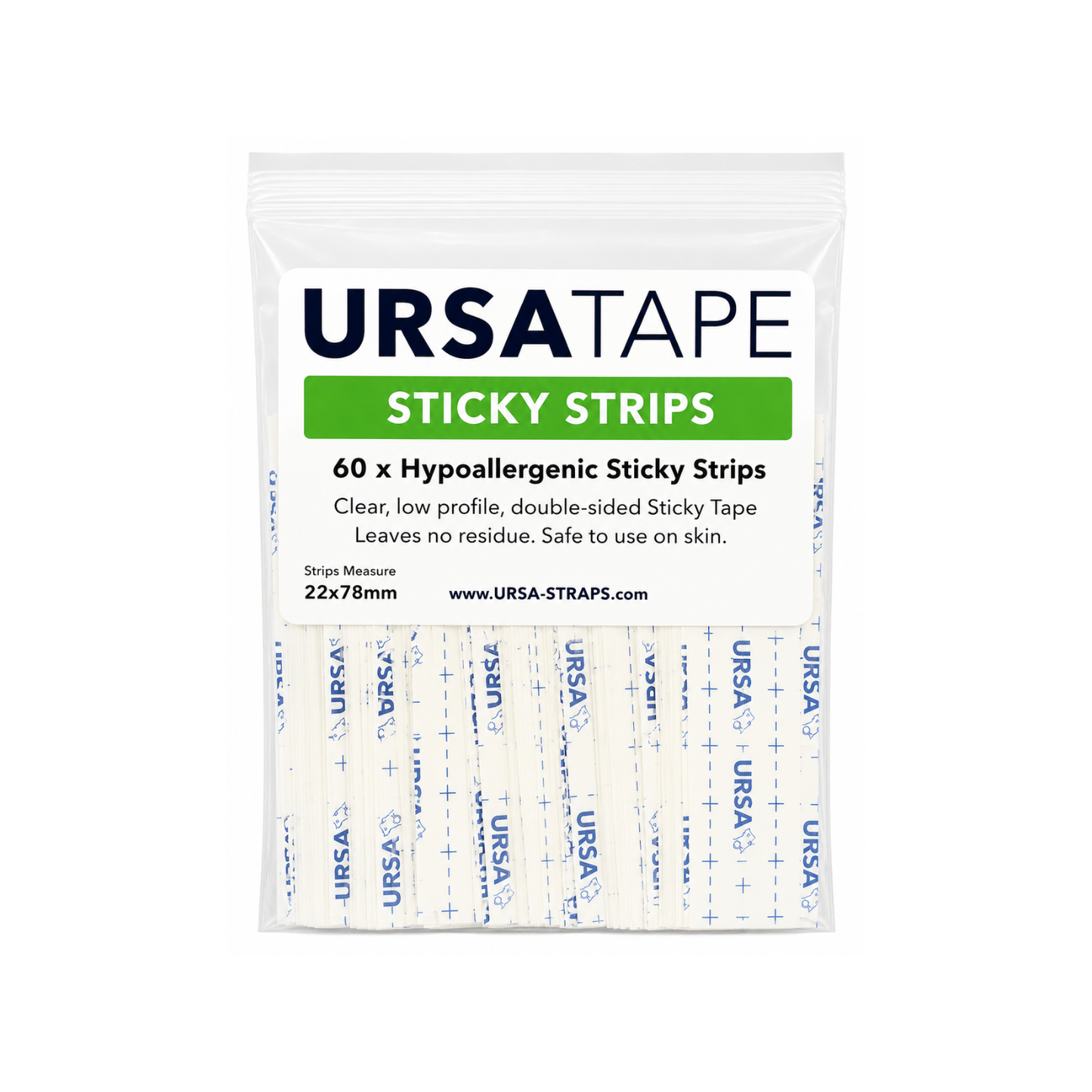 Self-adhesive tape strips pack in clear pouch, 60 strips total