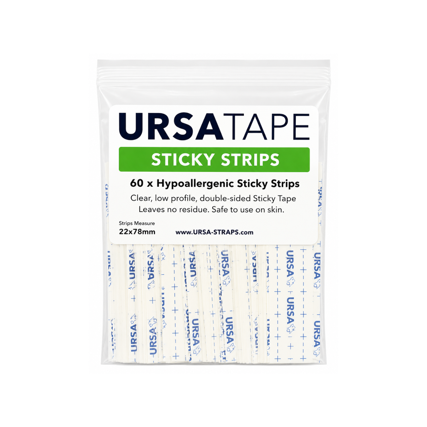 Self-adhesive tape strips pack in clear pouch, 60 strips total