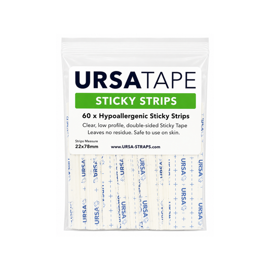 Self-adhesive tape strips pack in clear pouch, 60 strips total