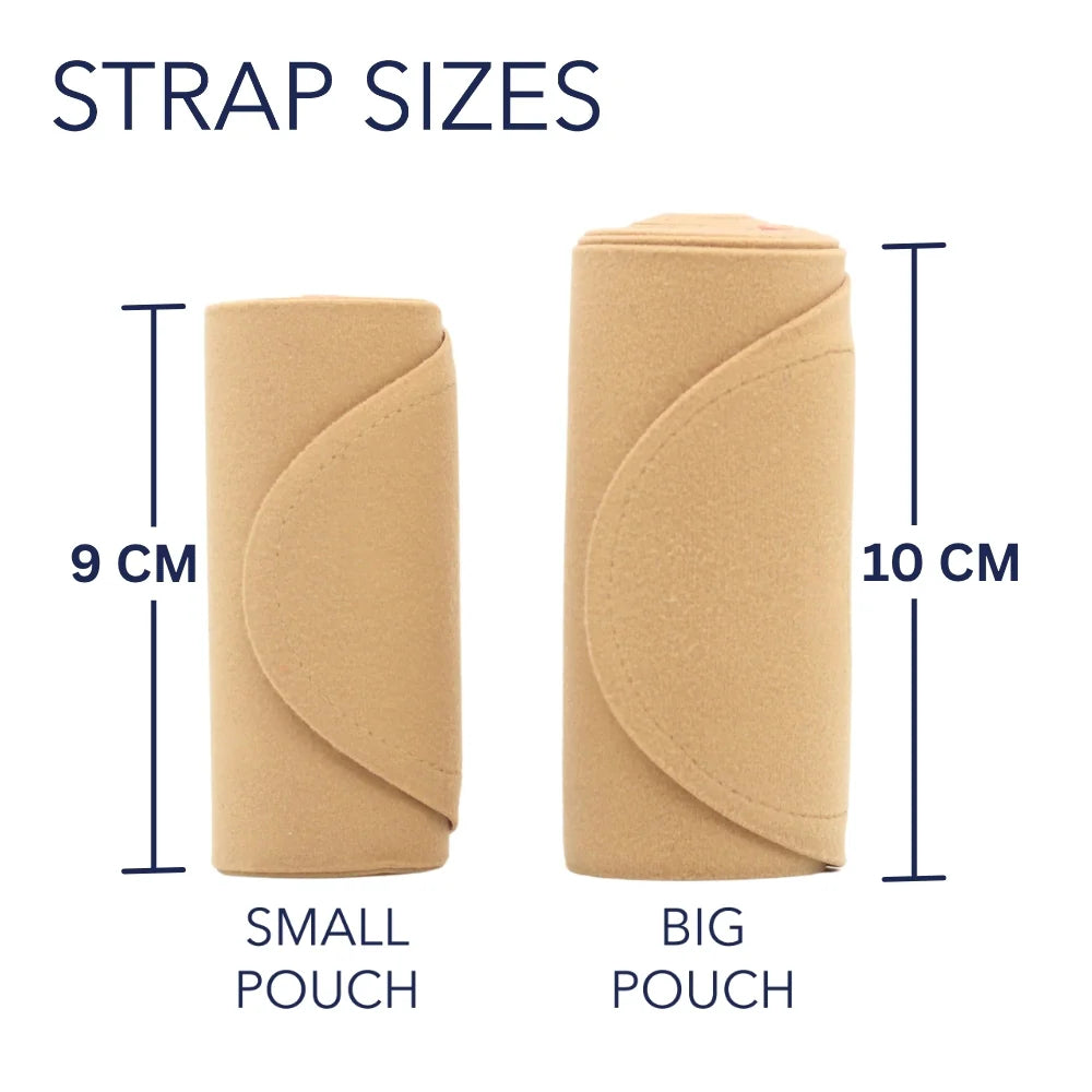 Waist strap sizes chart showing small pouch and big pouch with dimensions