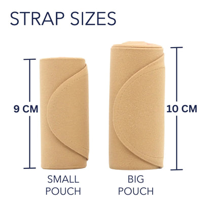Waist strap sizes chart showing small pouch and big pouch with dimensions