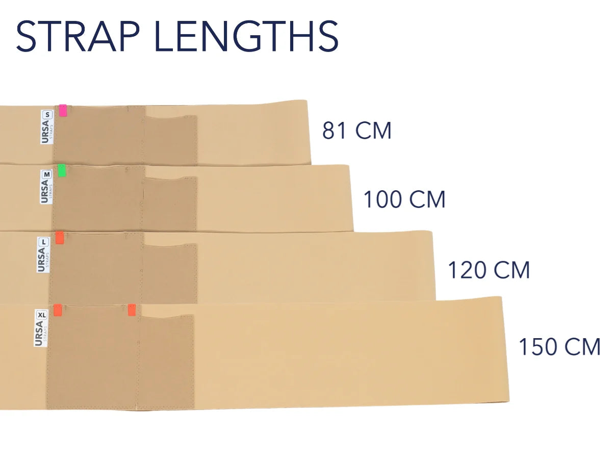 Waist strap length chart with 81 cm, 100 cm, 120 cm, and 150 cm