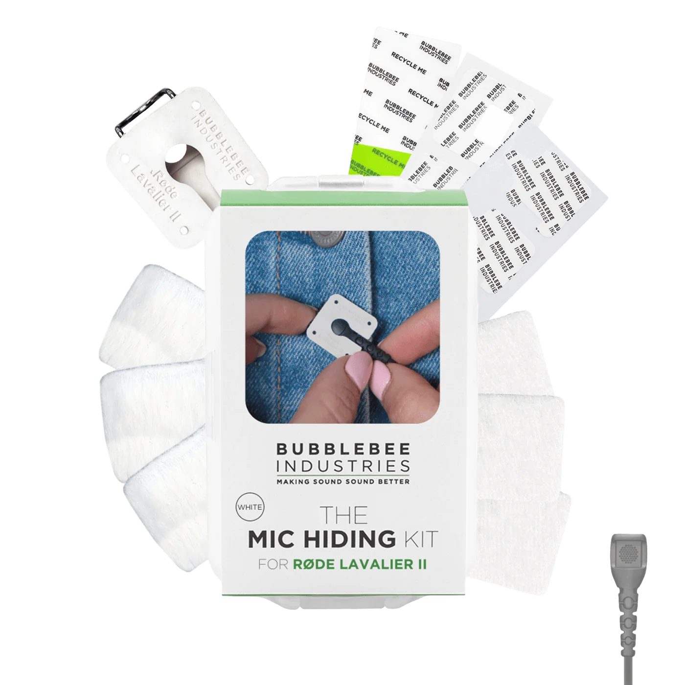 Mic hiding kit with adhesive pads, tape strips, clips, and RØDE Lavalier II mount