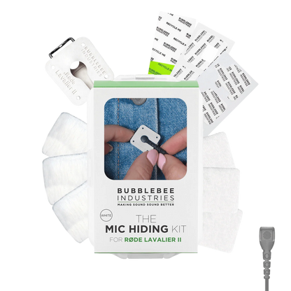 Mic hiding kit with adhesive pads, tape strips, clips, and RØDE Lavalier II mount