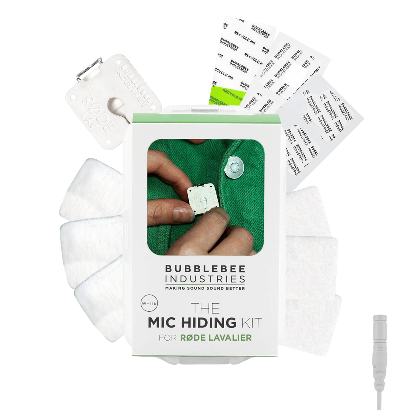 Mic hiding kit for RØDE Lavalier, with mounting clips, pads, and adhesive strips