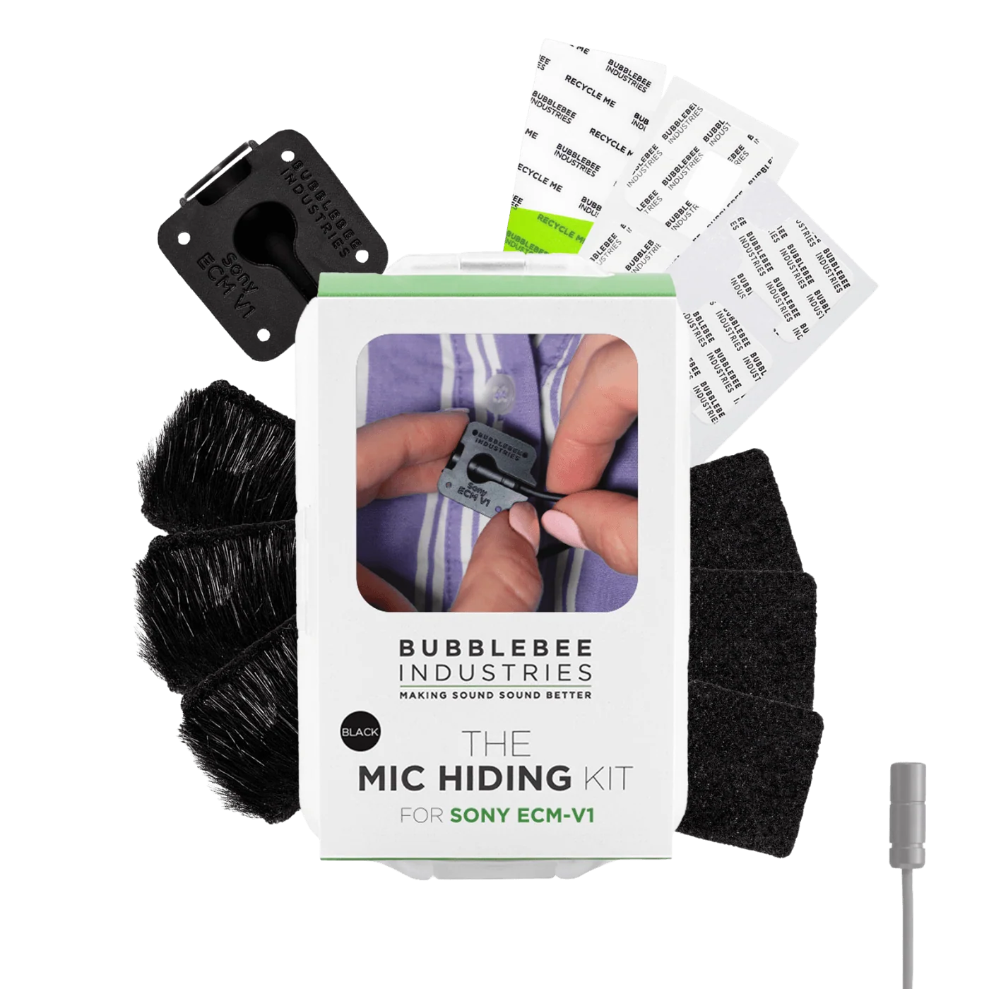 Mic Hiding Kit for Sony ECM-V1 with black foam and a mounting clip