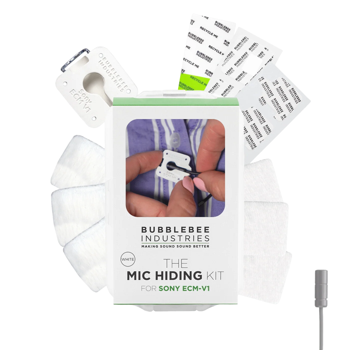 Mic Hiding Kit for Sony ECM-V1 with white foam and a small mounting clip