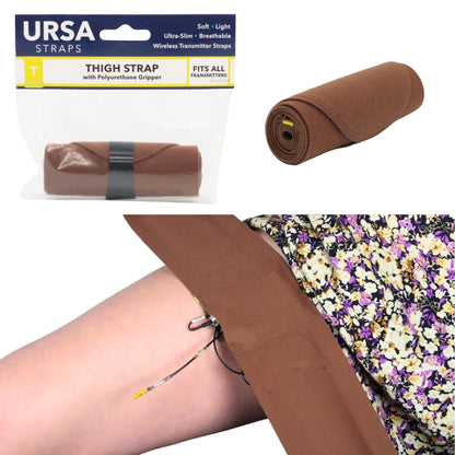 Brown thigh strap roll with soft fabric, shown in clear retail packaging and on leg