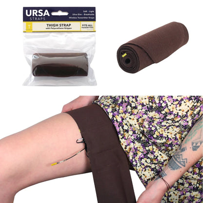 Brown thigh strap with pouch, secured on leg with metal buckle and cords