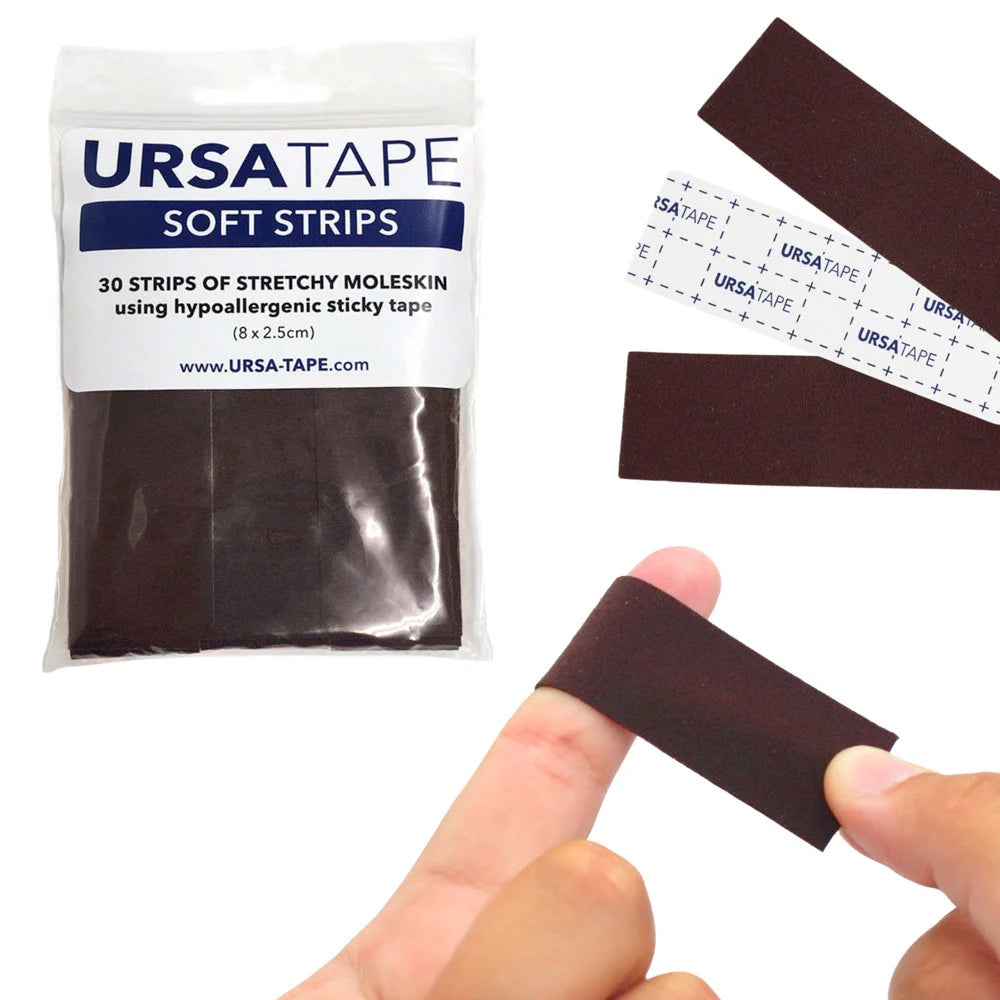 Soft moleskin hypoallergenic tape strips in dark brown, packaged with 30 strips