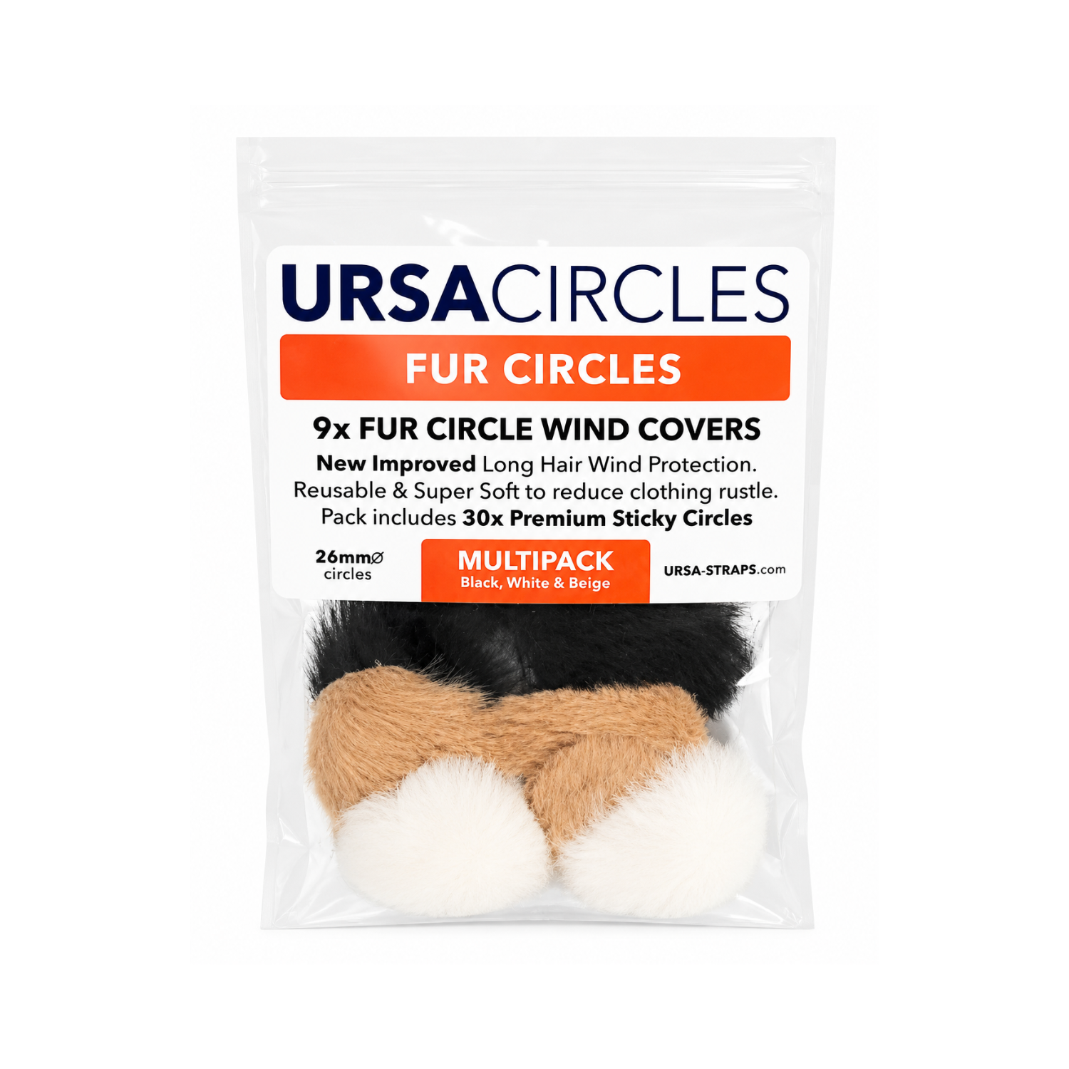 Fur circle wind covers multipack with stick-on fur circles in beige, black, white