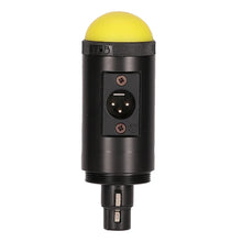 Right-angle XLR adaptor with black housing and yellow protective cap, VDB-marked connector