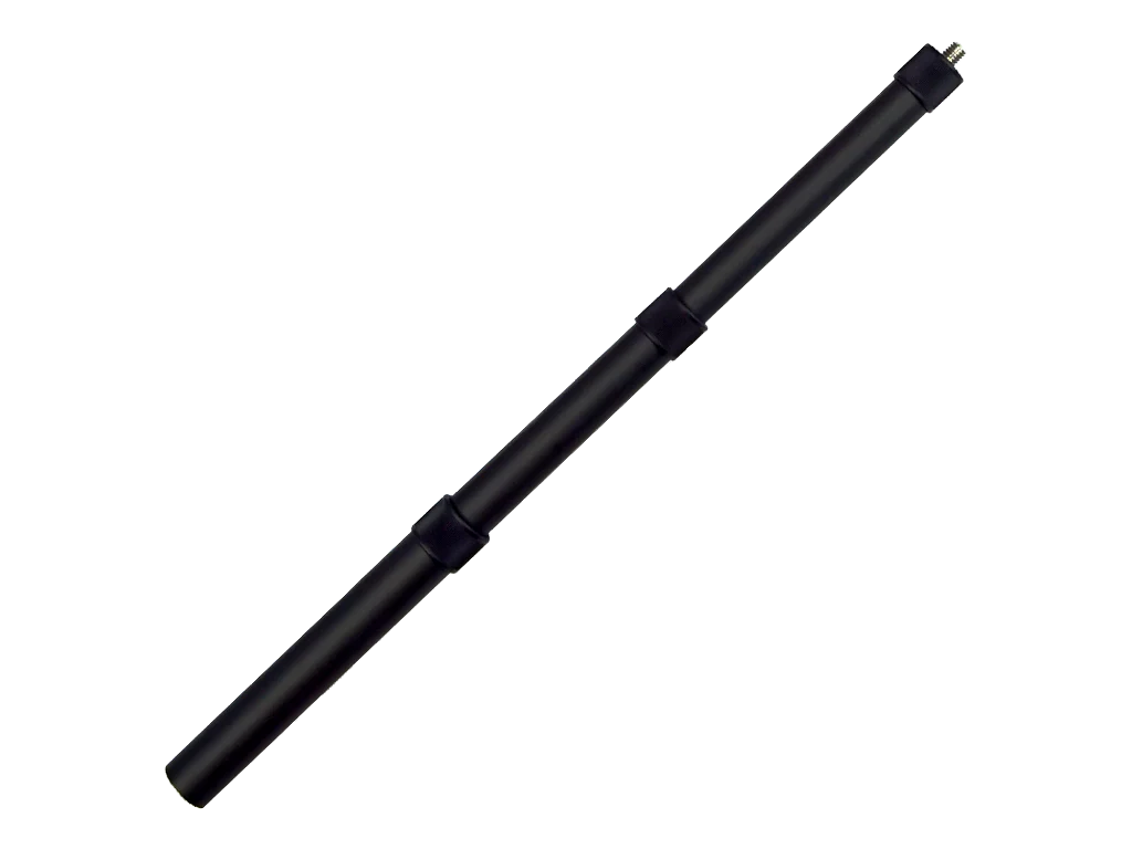Dark telescopic boompole with connector caps, extended length 37–93 cm