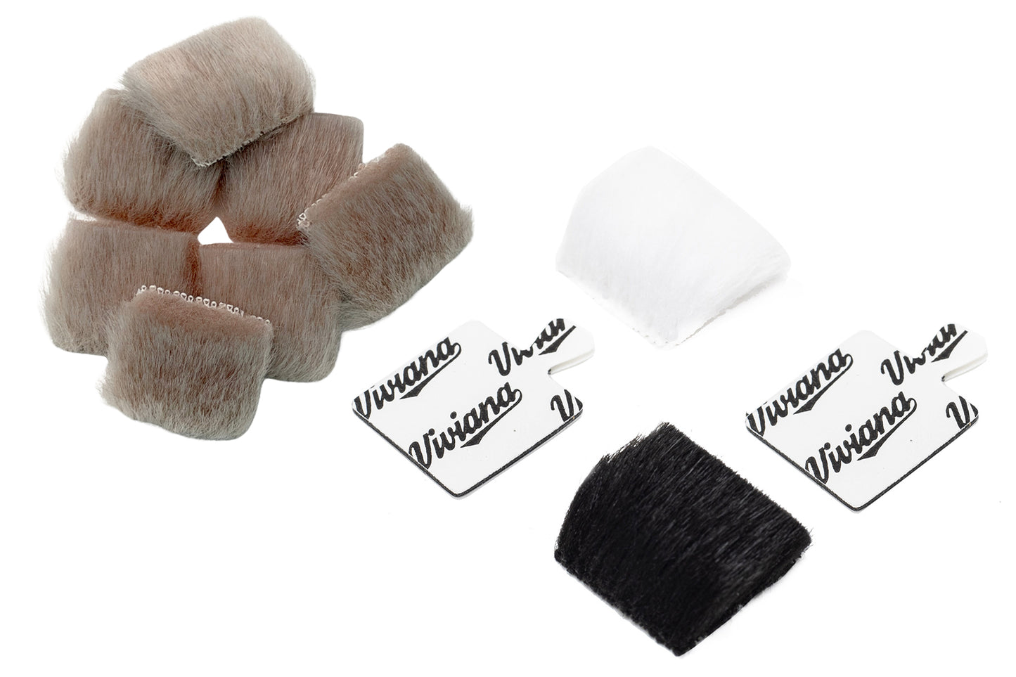 Beige fur cubes, white pad, black pad, and Viviana-branded clips
