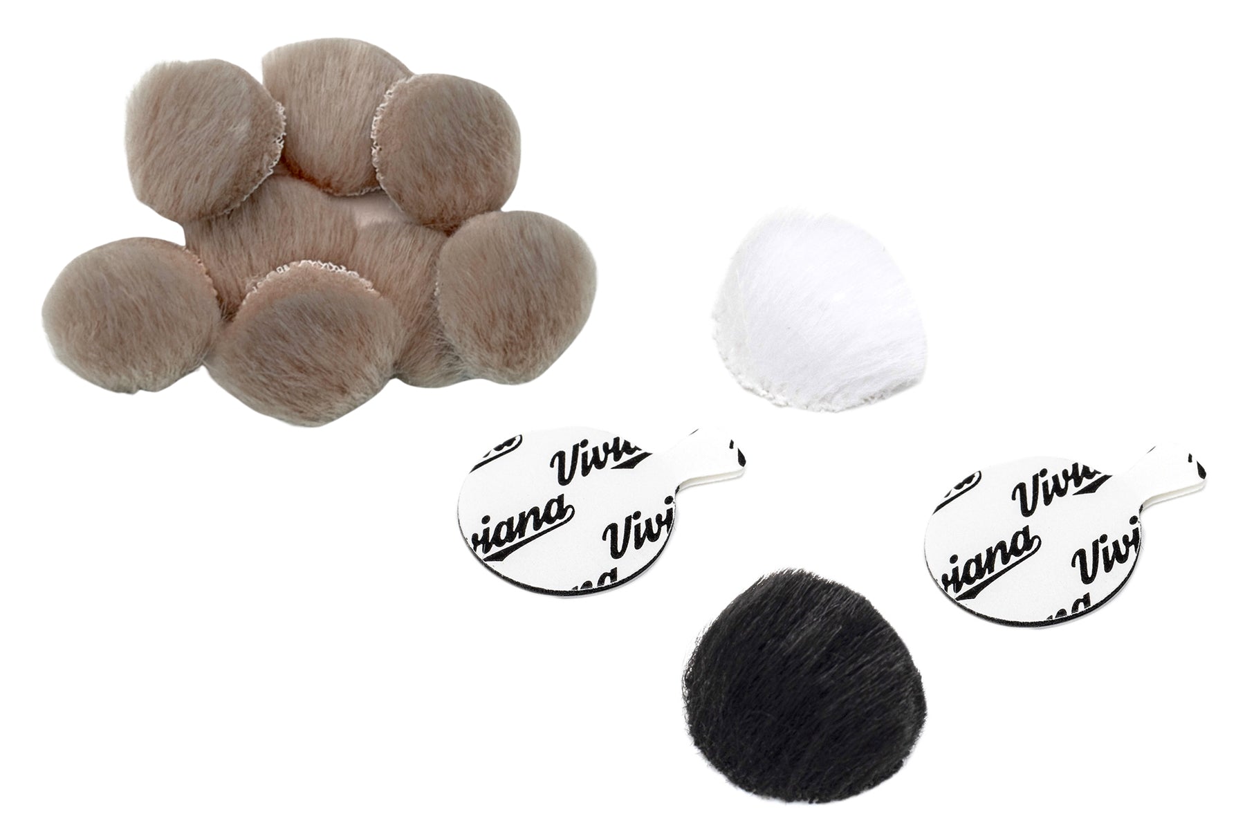 Beige fur balls with white round pad, Viviana-branded clips, and black pad