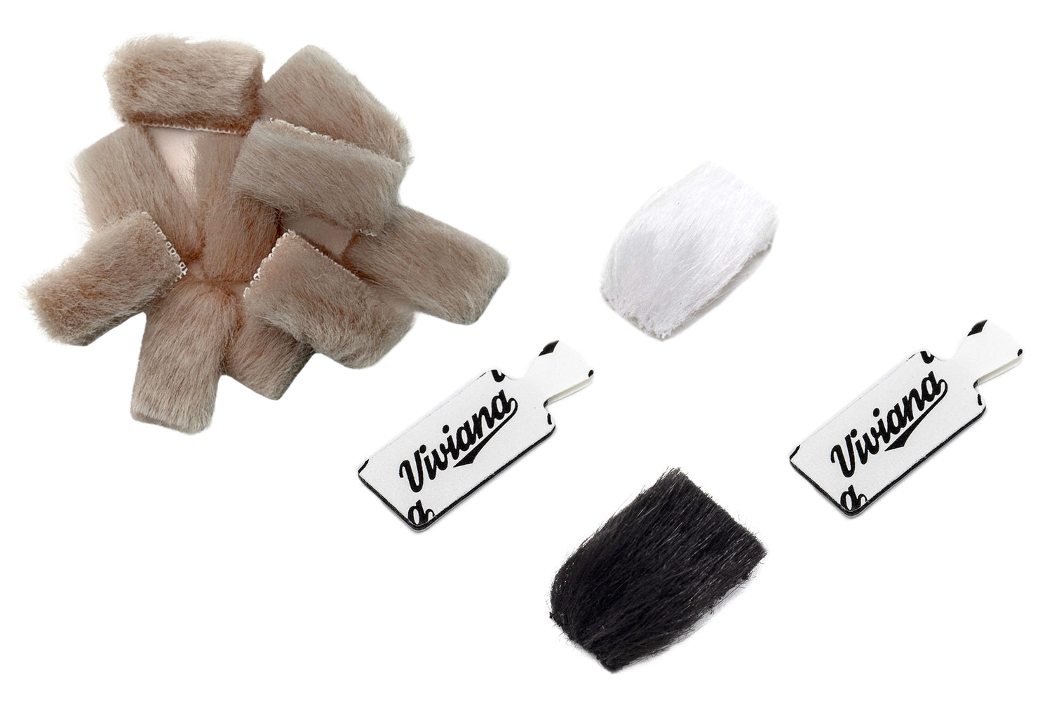 Beige and white fuzzy fur pieces with Viviana-branded clips and black pad