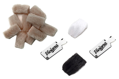 Beige and white fuzzy fur pieces with Viviana-branded clips and black pad