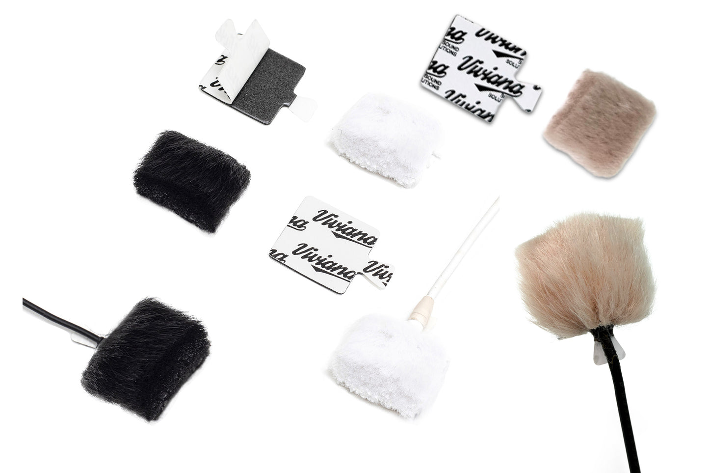 Mixed fur pieces: black, white, and beige with Viviana-branded packaging cards