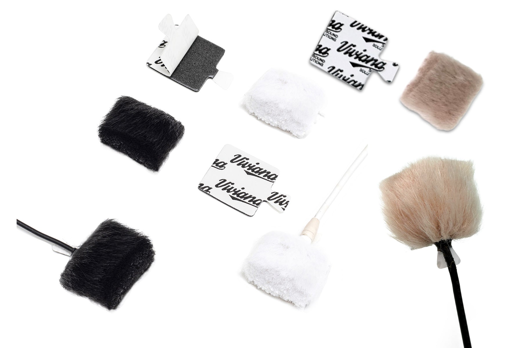Mixed fur pieces: black, white, and beige with Viviana-branded packaging cards