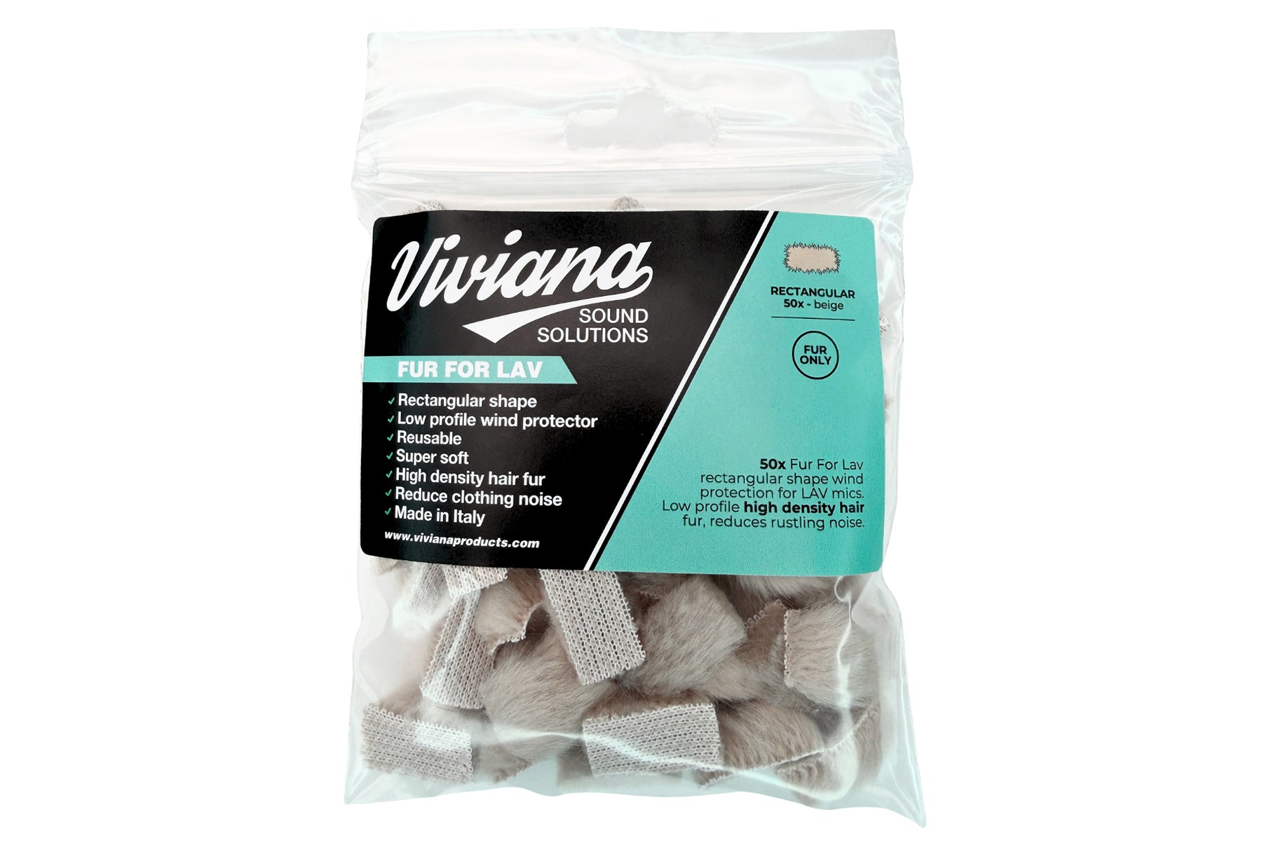 Bagged beige faux fur pads with Viviana label for Lav, rectangular shape