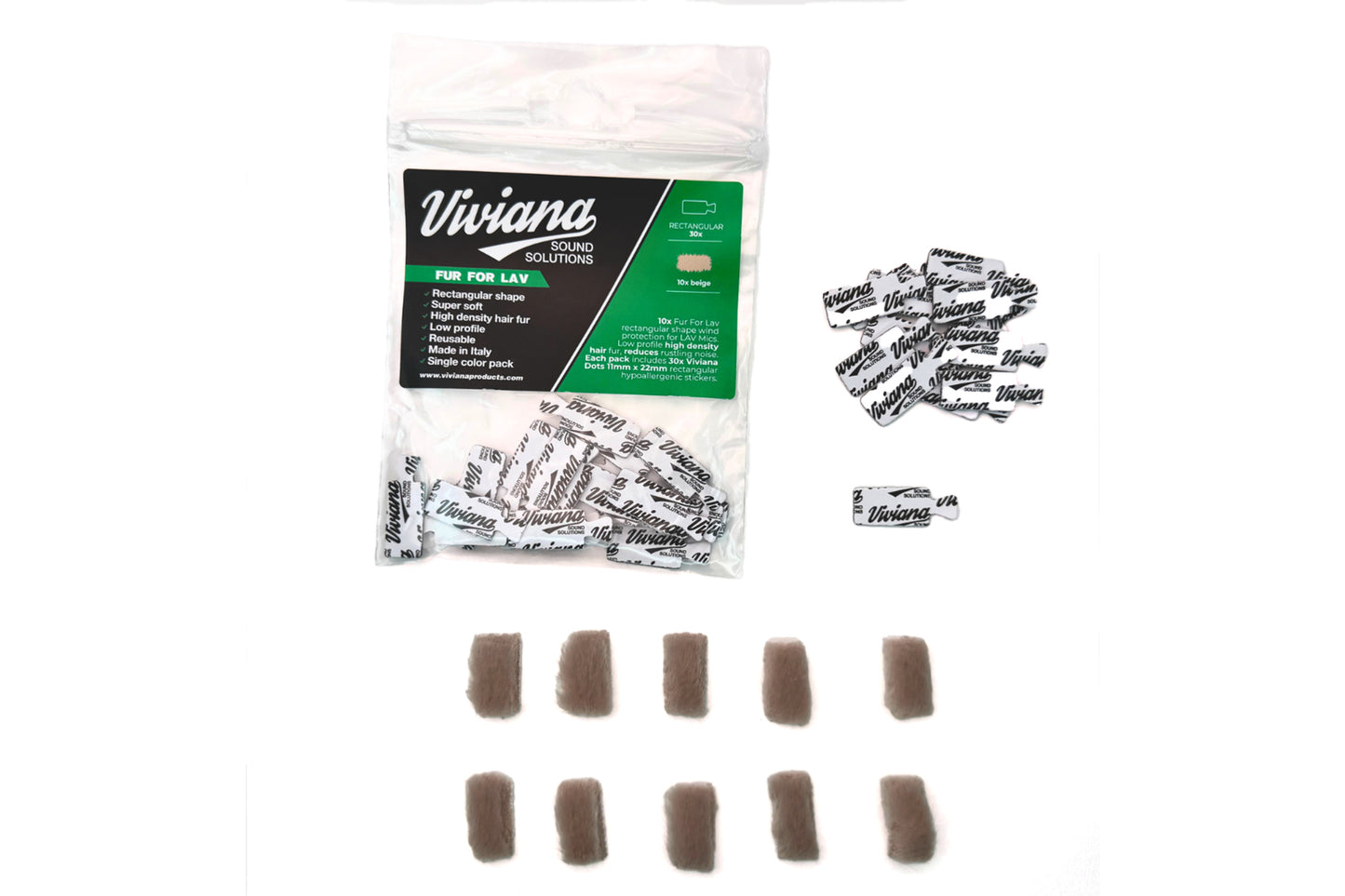 Faux fur pads in beige squares with Viviana label and sticker pieces