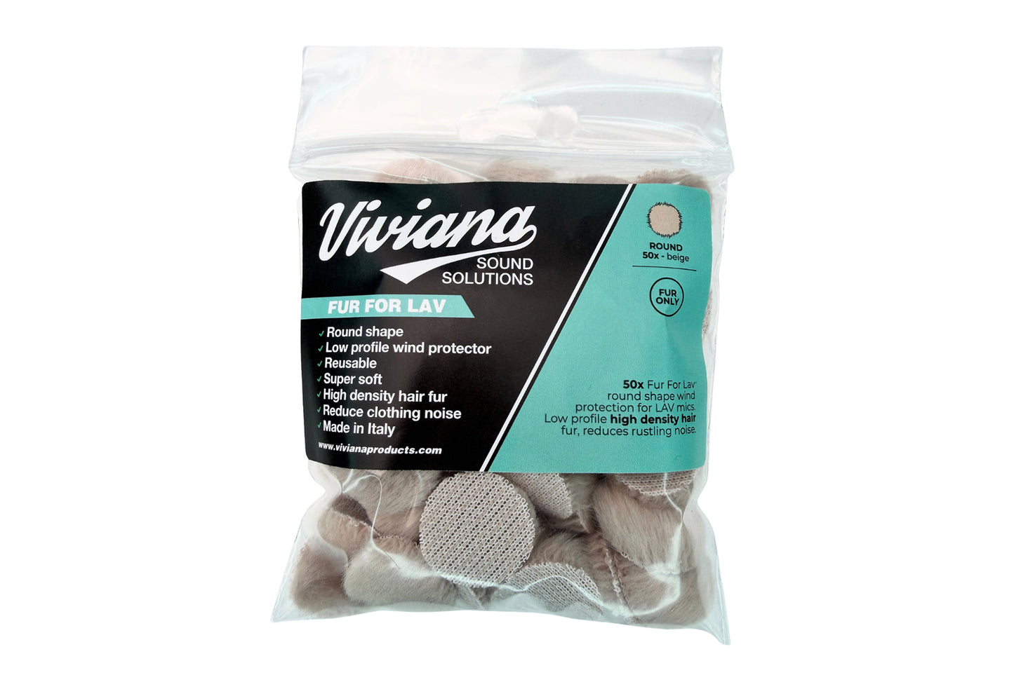 Pack of beige round fur pads for Lav solutions in a clear branded bag