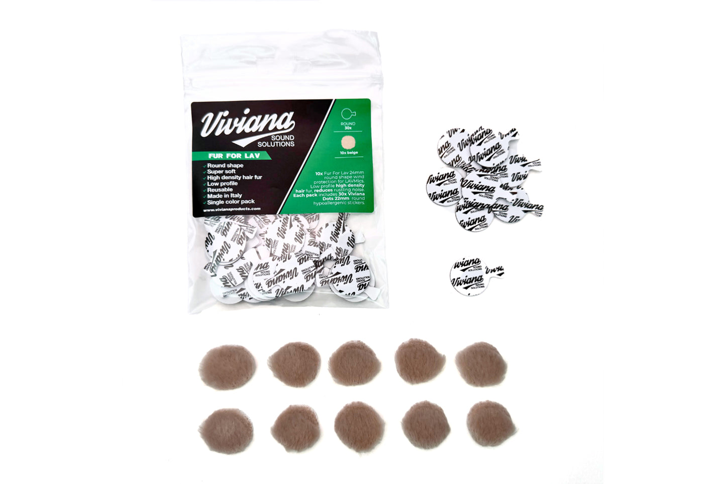 Beige and brown round fur pads, shown loose with clear branded bag for Lav solutions