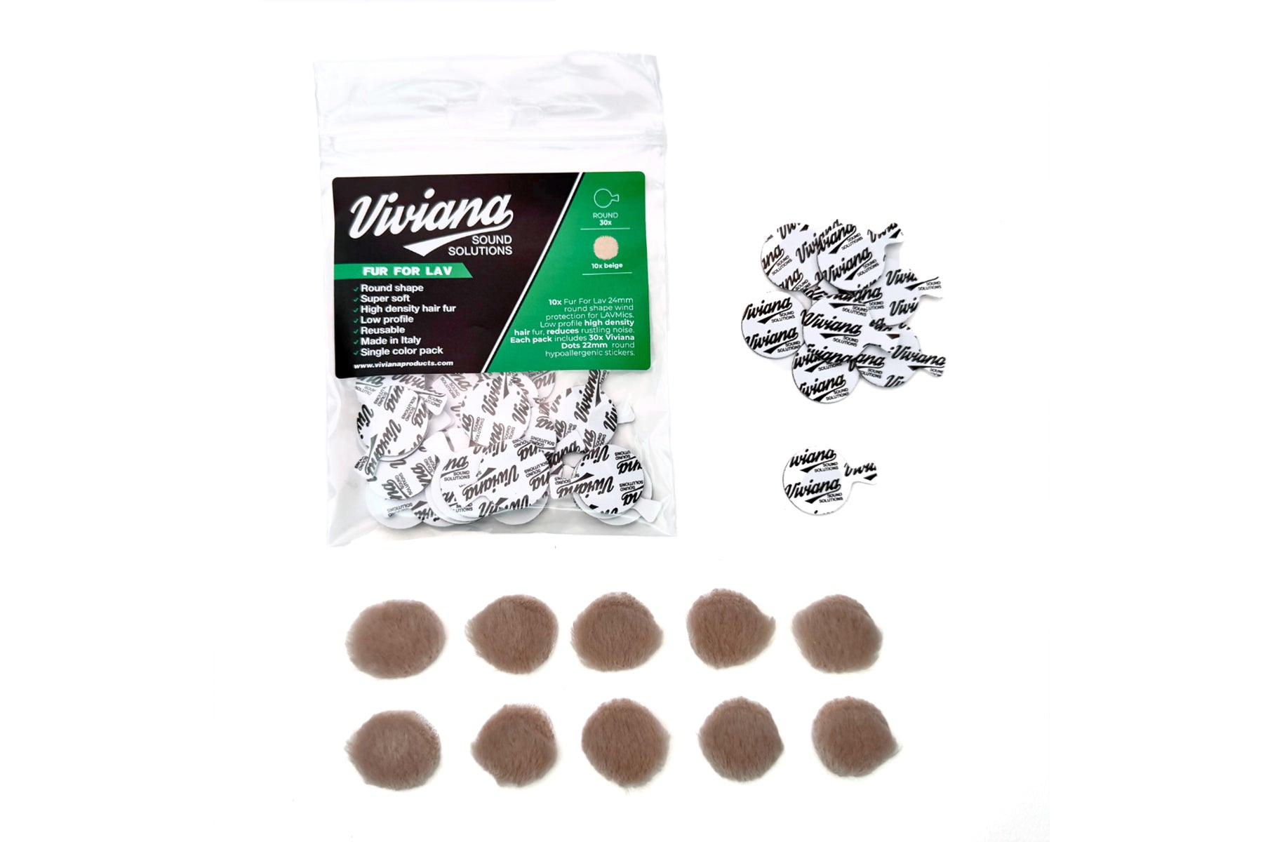 Beige and brown round fur pads, shown loose with clear branded bag for Lav solutions