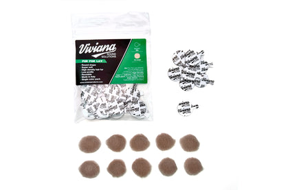Beige and brown round fur pads, shown loose with clear branded bag for Lav solutions