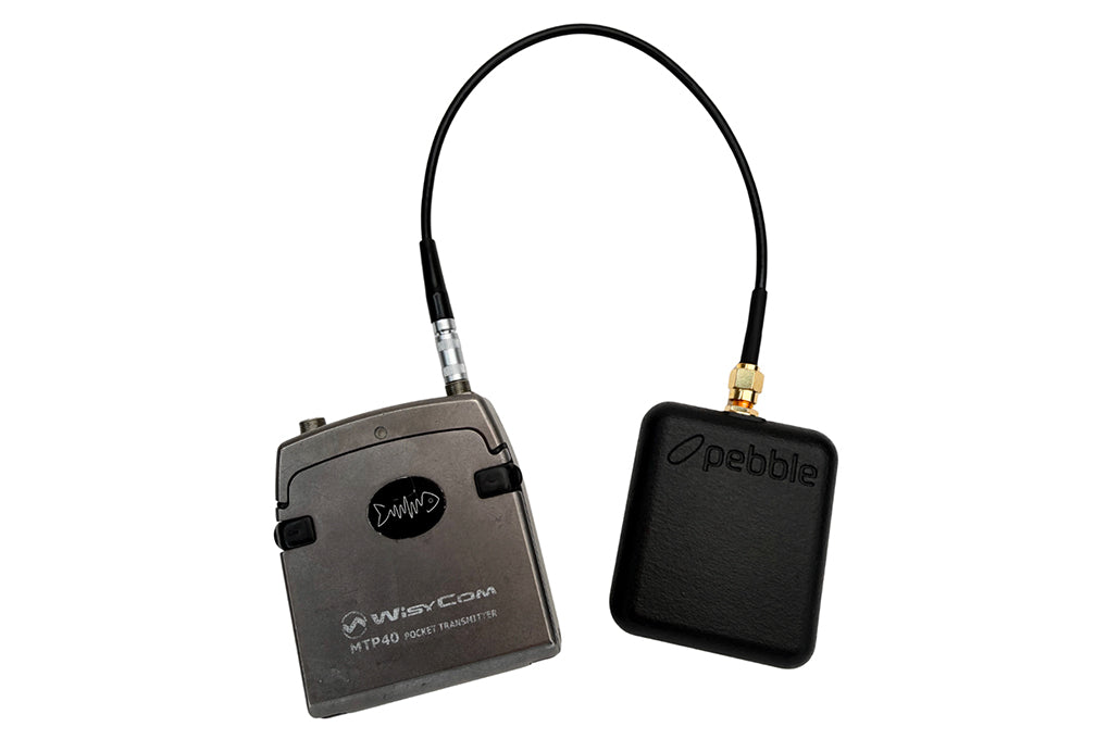 Black Pebble cable with left electronics module and right Pebble box; gold connectors