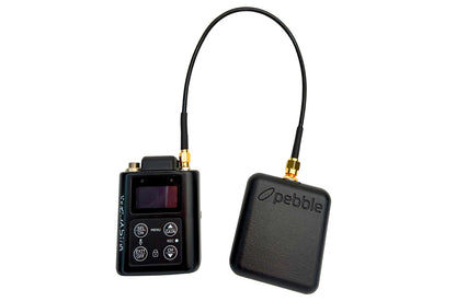 Black Pebble cable adapter with two boxes and gold SMA connectors