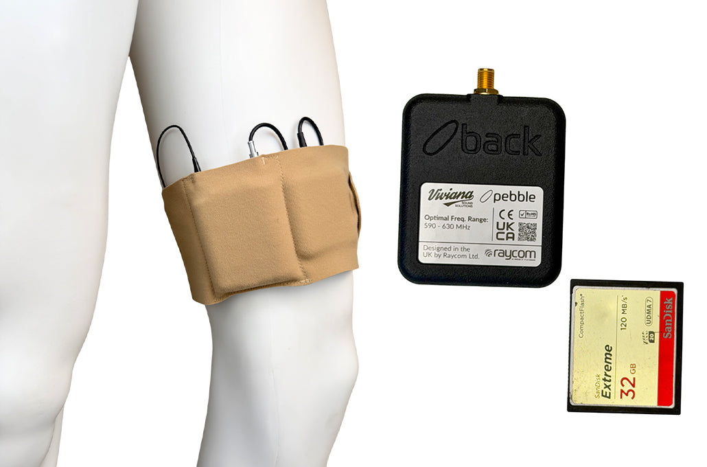 Beige waist belt with wireless RF receiver pouch and small accessory card