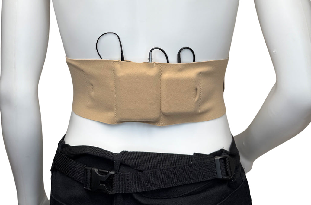 Beige receiver pouch on black waist belt with cable loops