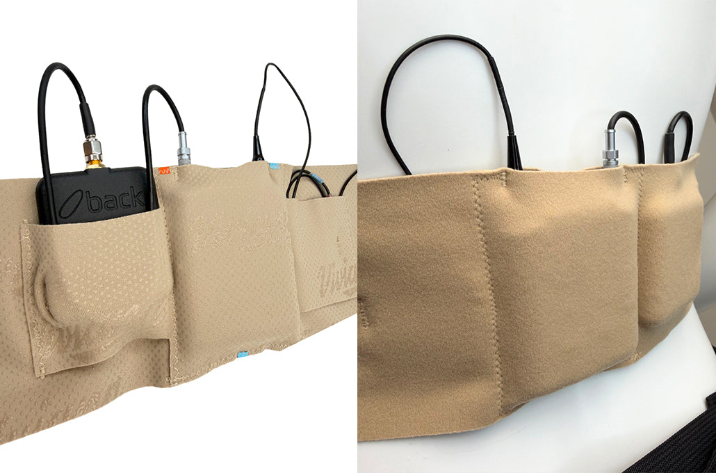 Beige belt with multiple black receiver pouches and antenna connectors
