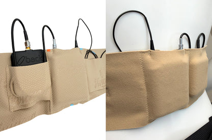 Beige belt with multiple black receiver pouches and antenna connectors