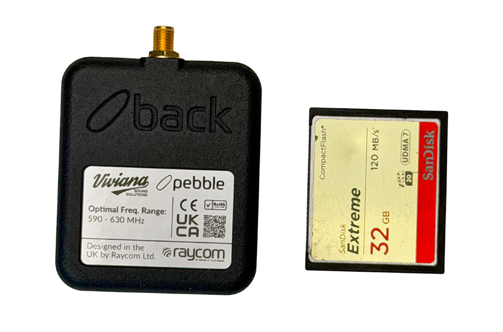 Wireless RF receiver back label and included SanDisk Extreme 32GB SD card