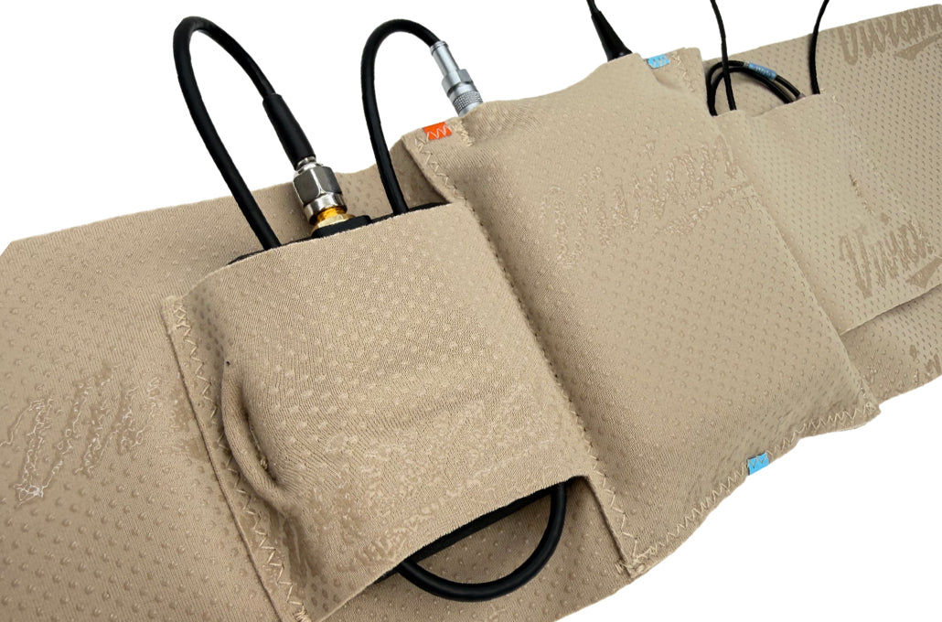 Beige pouch with attached cables for a wireless RF receiver, on a roll-up strap
