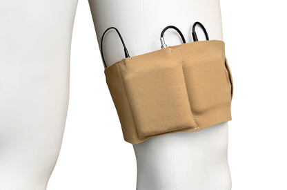 Beige receiver pouch on mannequin with multiple cable connectors