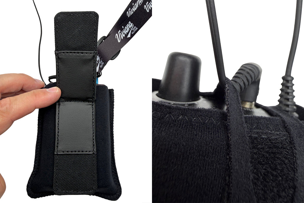 Black fabric pouch with magnetic clip and adjustable strap, shown from the side