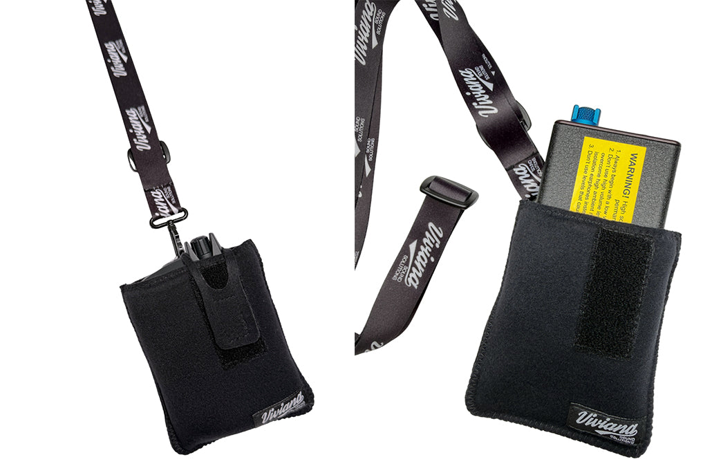 Black fabric magnetic clip pouch with adjustable lanyard strap, two views