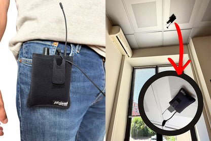 Black fabric pouch attached to a belt with magnetic clip and cable leads